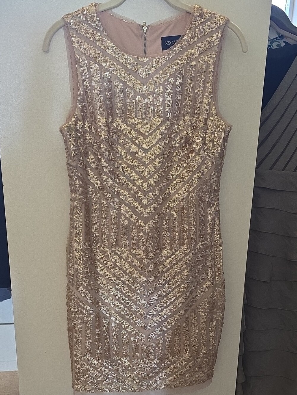 Xscape Blush Gold Sequin Sheath Dress with Chevron Detailing